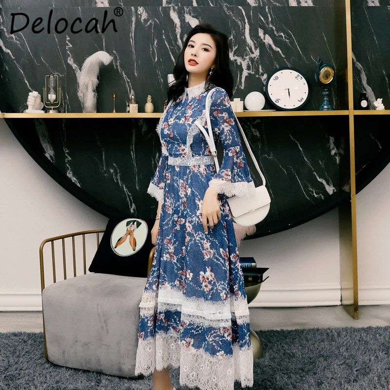 Delocah, весенне-летнее женское платье, Подиумные модные дизайнерские великолепные кружевные с цветочным принтом, элегантные тонкие женские платья а-силуэта