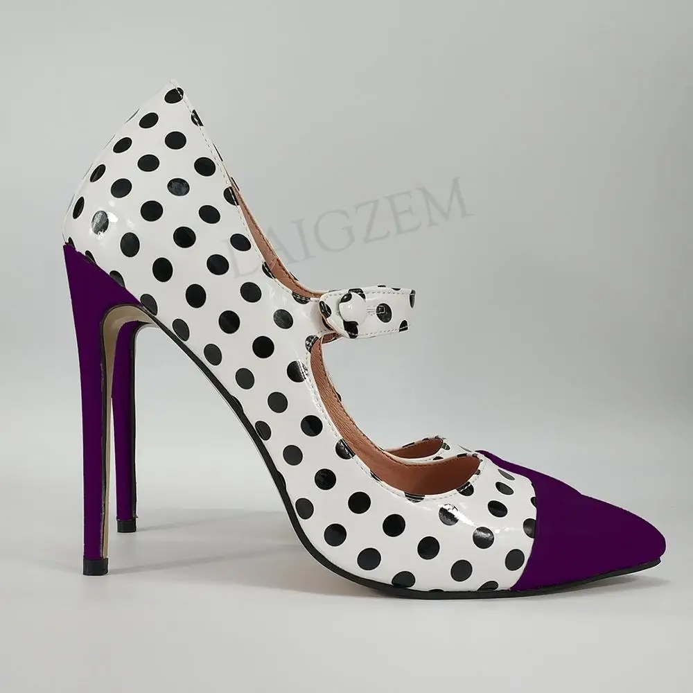 Dark Purple LAIGZEM/женские туфли-лодочки в горошек на каблуке Туфли Мэри Джейн на шпильке; 4 сезона; женская обувь; Zapatos Talon Femme; большие размеры 44, 45, 46, 47 - Цвет: Dark Purple