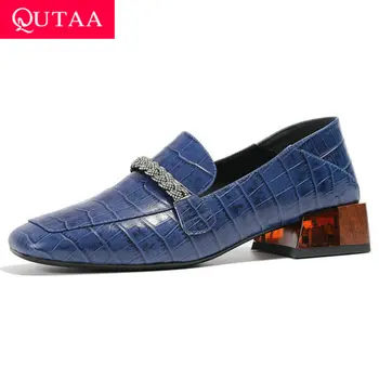 

QUTAA 2020 Square Heel Cow Leather Crystal Slip on Women Pumps Retro Square Toe Spring Autumn Women Single Shoes Big Size 34-42