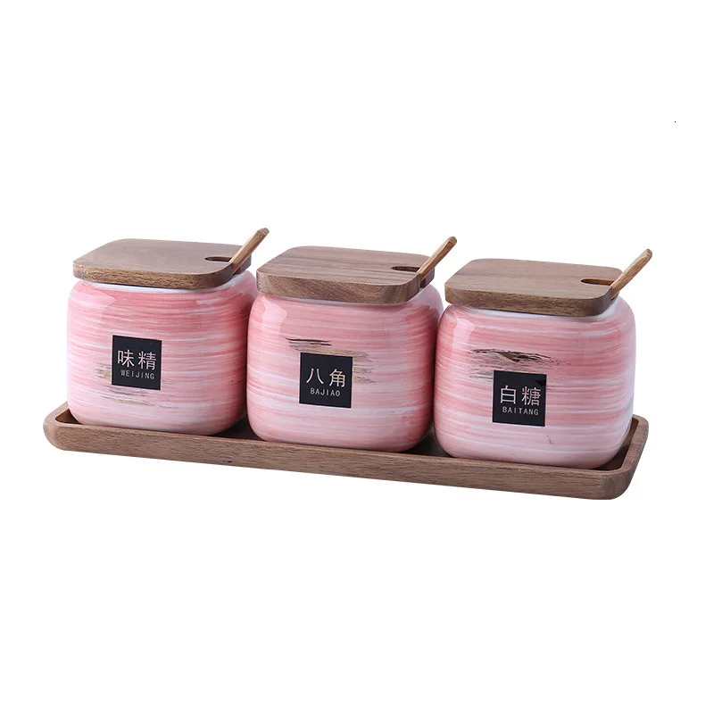 Ceramic Condiment Storage Jar Household Seasoning Pot Bamboo Tray Spice Jar Soy Sauce Box Salt Sugar Can Kitchen Organizer Tools