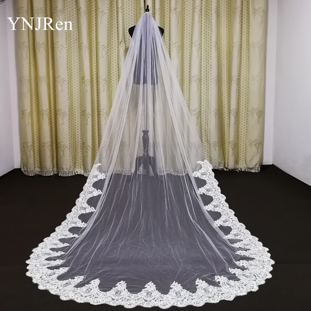 Белый/слоновая кость длина собора кружевной край длинный вуаль с гребнем