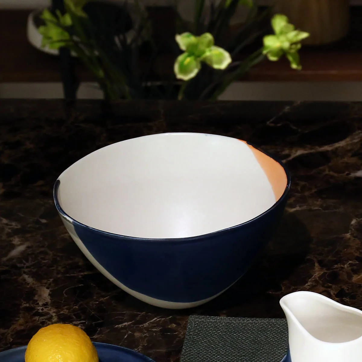 

Porcelain Serving Bowl Soup Noodle Bowl Elegant White Orange Blue Porcelain Bowl for Living Room Office Elegant Home Decor