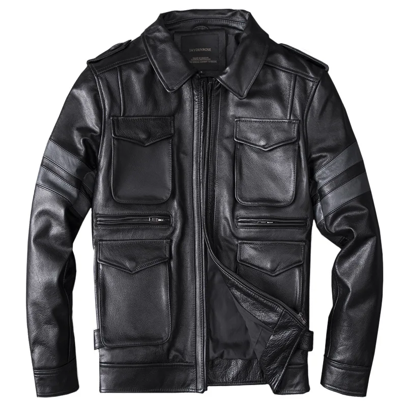 

Real Cowhide Leather Jacket Men Black Slim Multi Pockets Genuine Leather Motorcycle Biker Leather Jacket for Male R3304