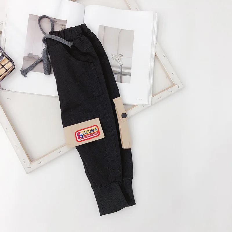 WLG boys casual pants kids autumn letter big pocket black pant baby boy all match trousers