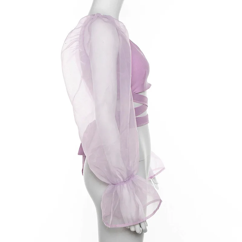 Vintage Lantern Sleeve Mesh Tank Tops Bandage Women Club Camis Beach Crop Top