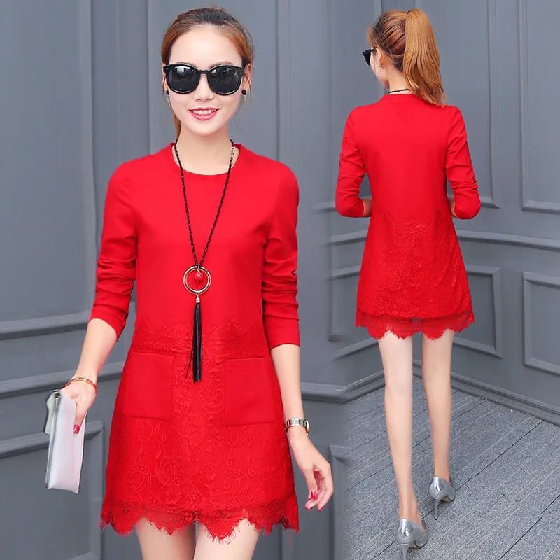 

2018 Korean-style Dress Mid-length Loose-Fit Lace Joint Skirt Long Sleeve Loose-Fit Fashion WOMEN'S Dress Slimming