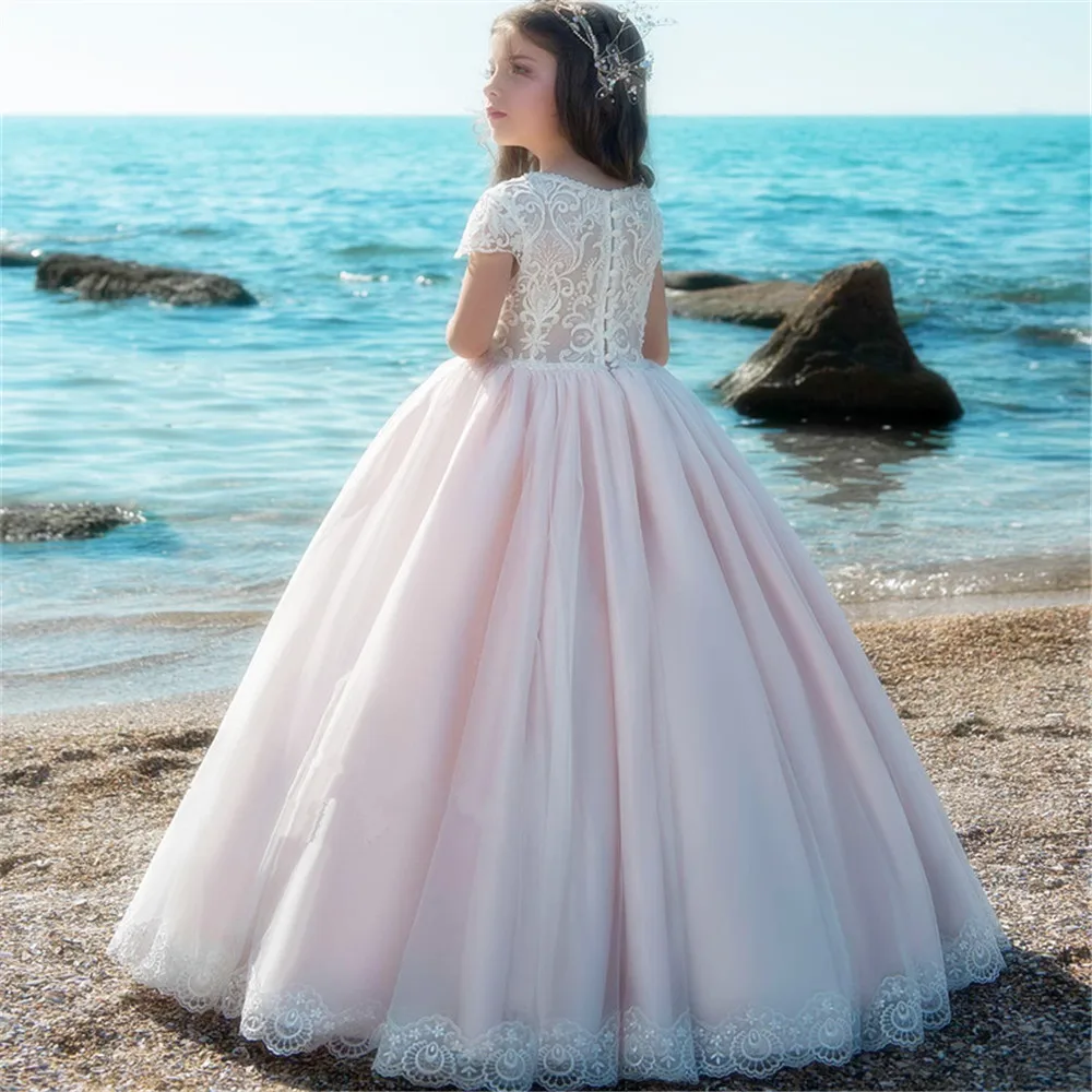 Picture color Кружевное платье с короткими рукавами и аппликацией; платье с цветочным узором для девочек; Пышное Тюлевое платье принцессы на день рождения с открытой спиной; элегантное праздничное платье для девочек для причастия - Цвет: Picture color