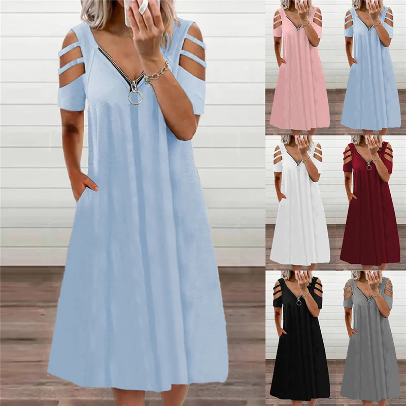 

Summer New Fashion Zipper V Neck Hollow Out Short Sleeve Women's Midi Dress 2021 Casual Solid Pocket Loose A Line Ladies Dresses