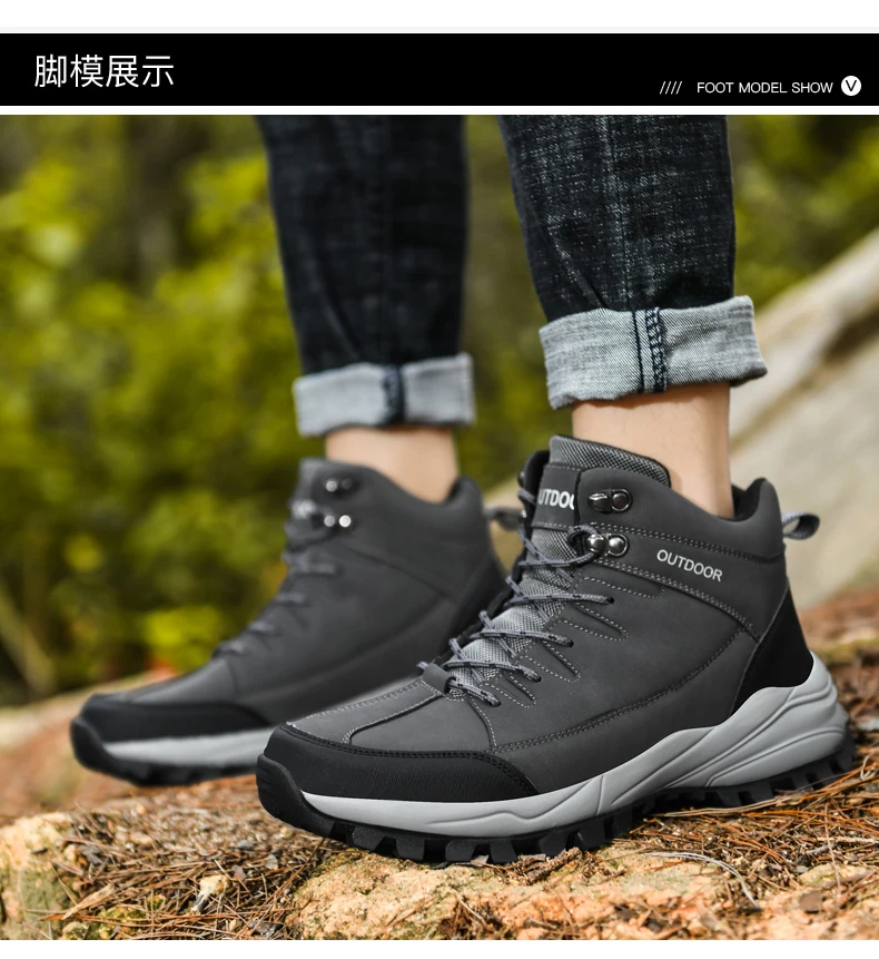 Large Size Ankle Boots Men Winter Outdoor Warm Fur Non Slip Snow Shoes Black Sneakers Fashion Footwear Cowboy Boots Lace Up Work