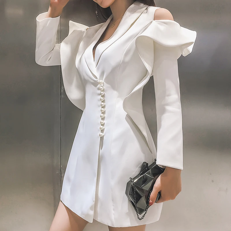 2023 Perle Button Off The Shoulder Women Blazer Dress Autunno Manica Lunga Ruffles White Work Party Elegante Giacca Da Ufficio