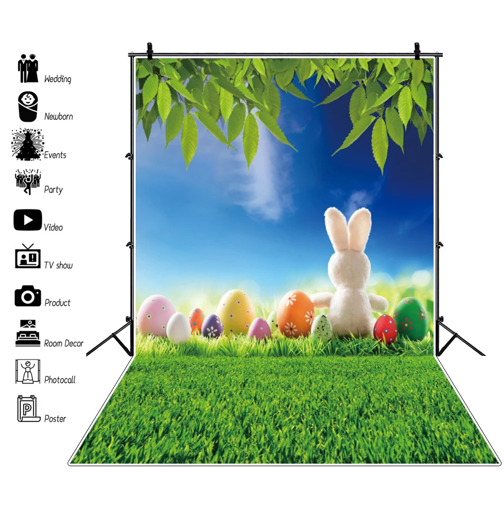 

Laeacco Easter Backdrops Blue Sky Rabbit Easter Eggs Grassland Spring Portrait Photography Backgrounds Baby Shower Photocall