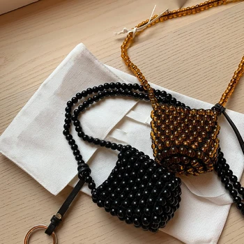 

2020 New South Korean Handmade Pearl Woven Bag Mini Bucket Mouth Red Bag Single Shoulder Messenger Bag With Keychain