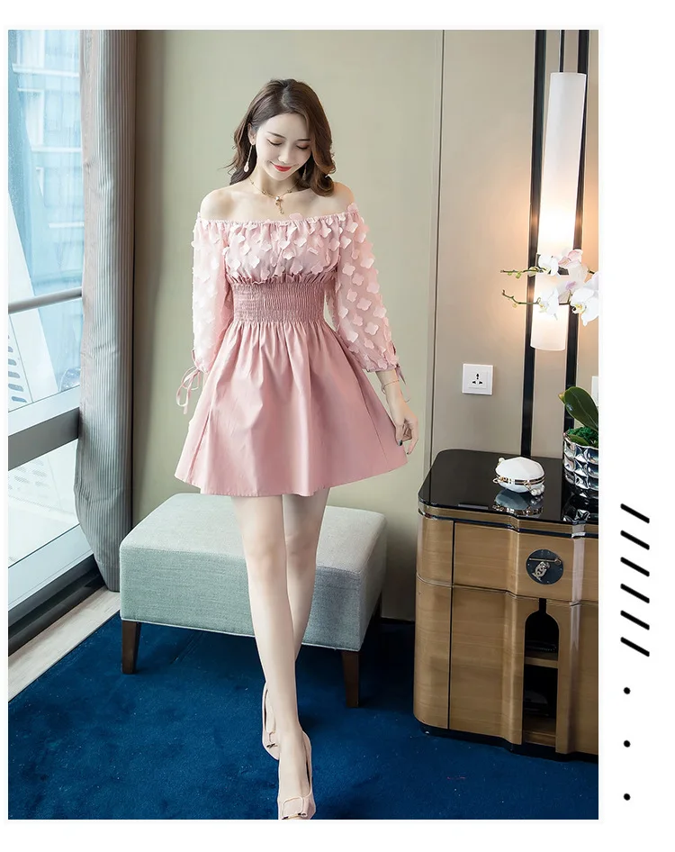 early autumn new ladies ladies temperament word collar slim dress Lace Three Quarter Patchwork