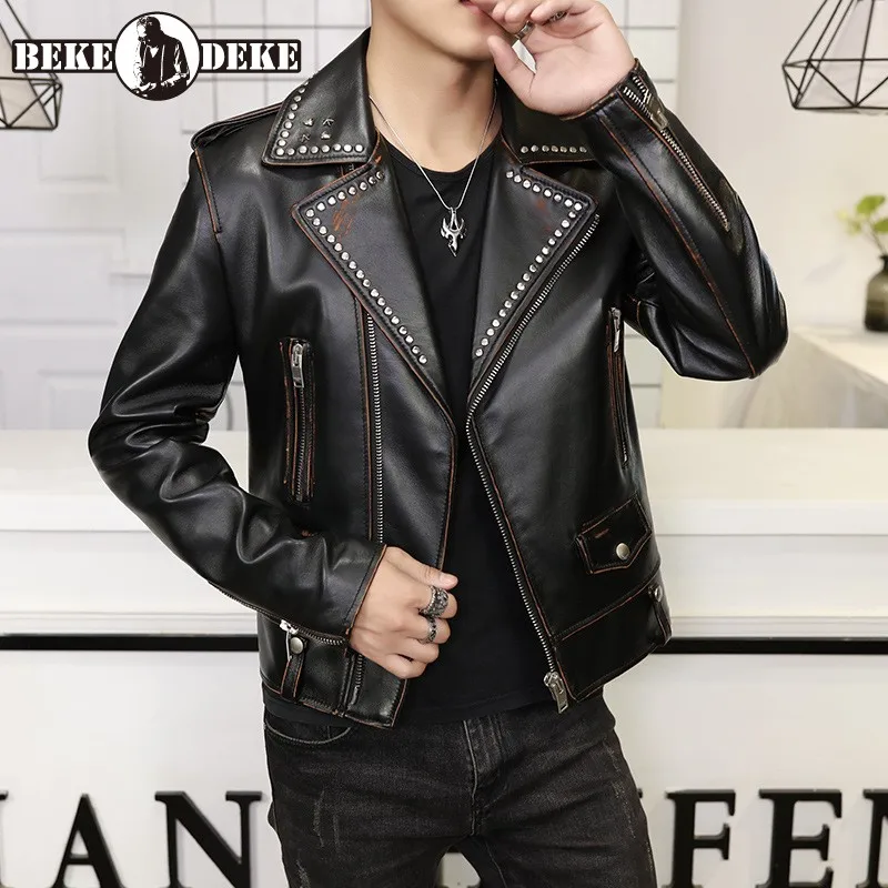 Vintage Real Leather Jacket Mannen Punk Metalen Klinknagels Revers Schapenvacht Korte Jas Hoge Kwaliteit Designer Straat Rits Biker Jacket Vintage Real Leather Jacket Mannen Punk Metalen Klinknagels Revers Schapenvacht Korte Jas Hoge Kwaliteit Designer Straat Rits Biker Jacket