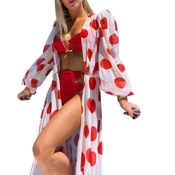 

Women's Beach Long Bikini Cover Up Fashion Vintage Polka Dots Knotted Slit Maxi Dress Ladies Swimsuit Cardigan
