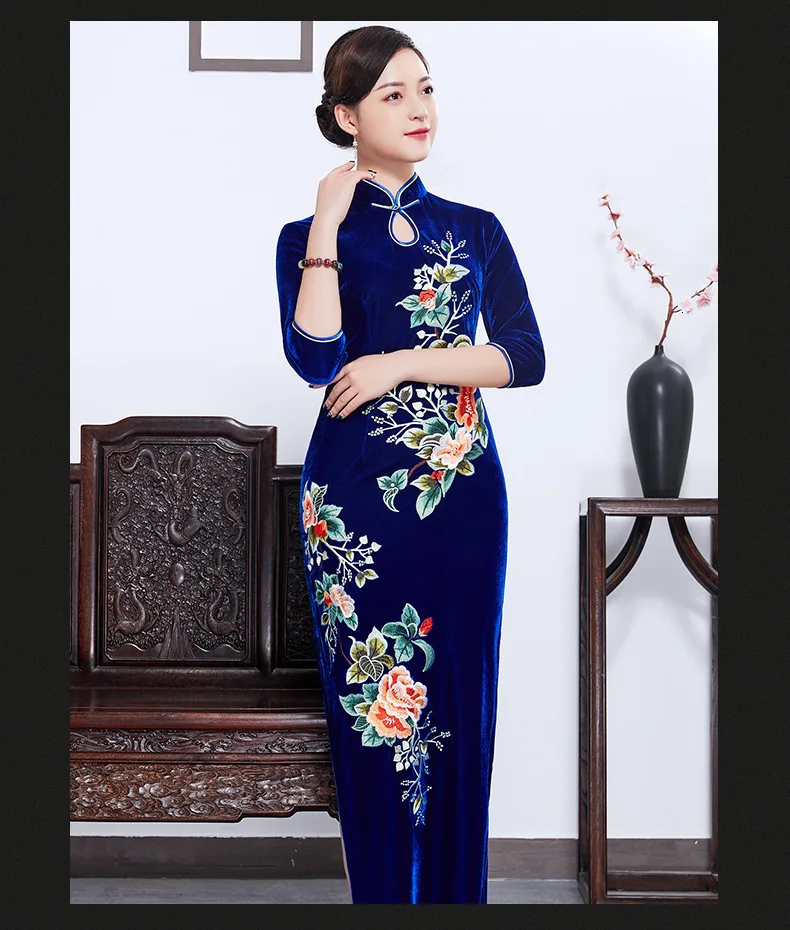 Новое ретро платье для женщин с длинным золотым бархатом cheongsam юбка для мам на осень, вышитое платье для женщин в