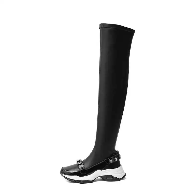 black2 not fur MORAZORA/ г. Новые Модные узкие эластичные сапоги женские сапоги до бедра с круглым носком, украшенные кристаллами удобная женская обувь на плоской платформе - Цвет: black2 not fur