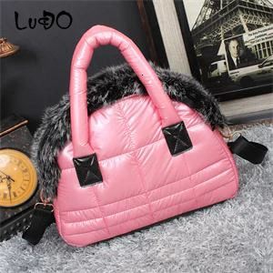 LUCDO Brand Luxury Handbag New Winter Woman Warm Space Cotton Shell Bags Designer Rabbit Fur Bag Ladies Jacket Shoulder Bag - Цвет: Oil Pink