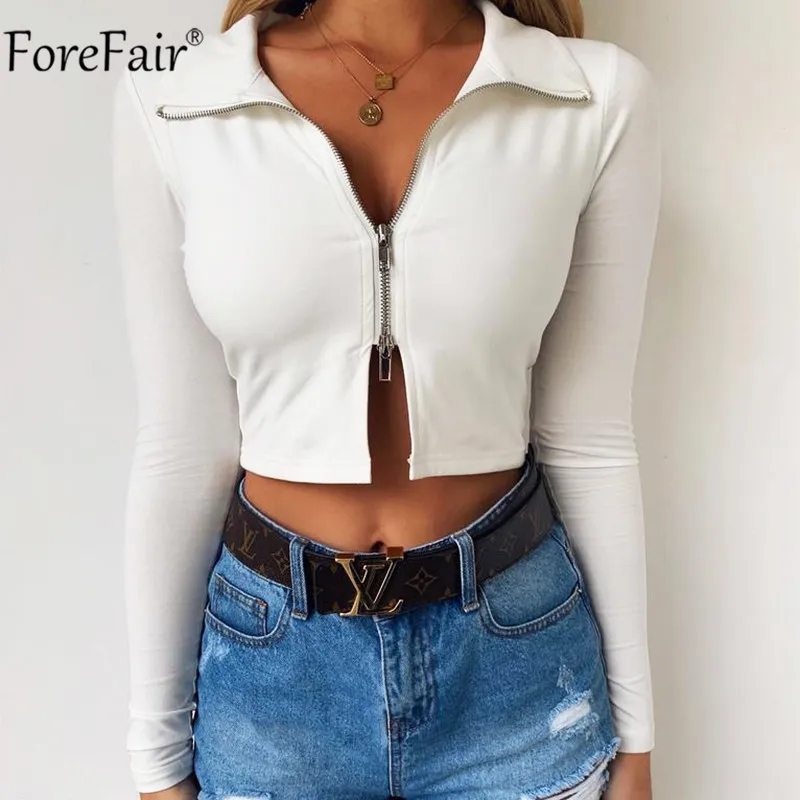 Most effective  Forefair Zipper Autumn Winter Cropped Jacket Coat Women Casual V Neck Black White Streetwear Top