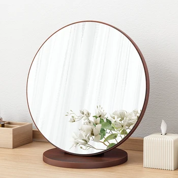 

Retro Desktop Mirror Makeup Mirror Home Decoration Accessories Wood Frame Mirror Round Decorative Mirror Living Room Bathroom