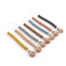 Anneau de dentition en Silicone pour bébé, chaîne de sucette, perles en bois, dessin animé mignon, jouet sucette Anti perte, Clips de support de chaîne, livraison directe 