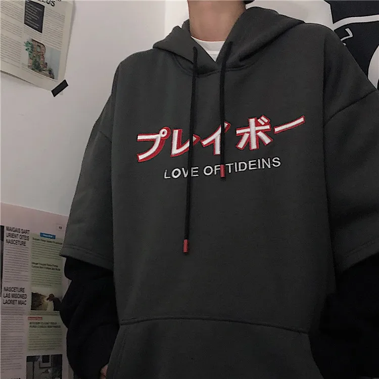 Neploe Heavy Letters Embroidery Hooded Sweatshirt Unisex Fleece Hoodies Autumn Winter Fake Two Pieces Jumper Pullover 55571