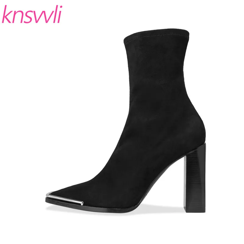 Женские ботильоны на высоком массивном каблуке с квадратным носком|Полусапожки|