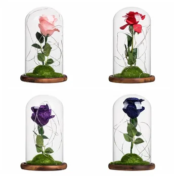 

Valentine's Day Glittery Artificial Silk Rose Flower and LED Light String in Glass Dome On Wood Base The Best Gift for Wedding.