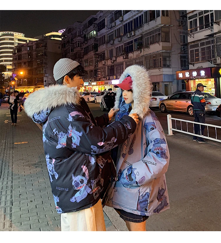 Зимнее Новое толстое пальто для мужчин, теплое модное пальто Arka для мужчин с мультяшным принтом, повседневное пальто с меховым воротником и капюшоном, Мужская свободная хлопковая куртка