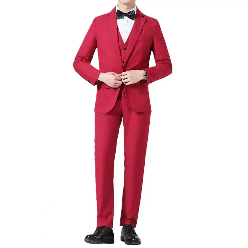 Business Suit Set V Neck Formal Men Solid Color Buttons Vest Shirt Pants for Wedding