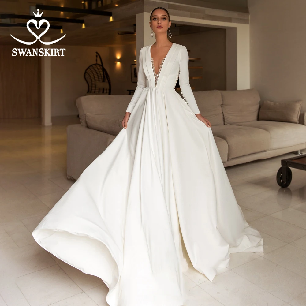 Роскошное атласное свадебное платье с бисером 2020 элегантное невесты v образным