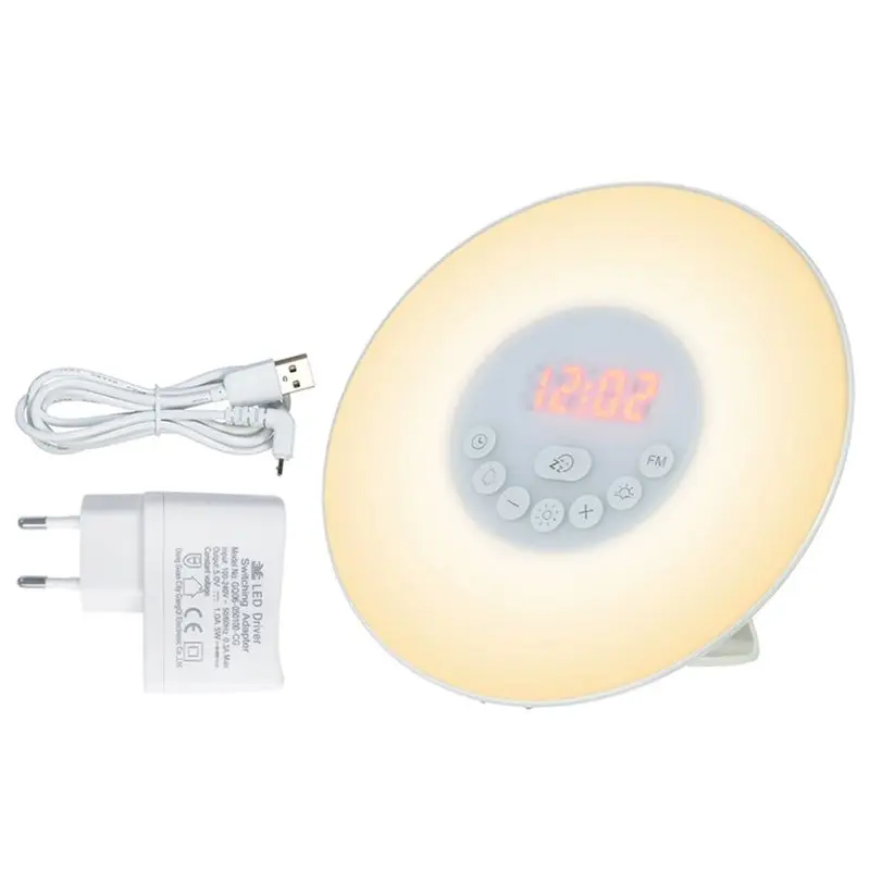 ЕС Plug Wake Up Световой будильник Sunrise/закат моделирование цифровые часы с Fm радио 7 цветов световые звуковые функции пресс Con