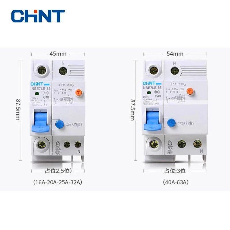 Protector de fugas CHINT 1P + N 2P serie NBE7LE peque�os disyuntores tipo C Protector de cortocircuito 16A 20A 25A 32A 40A 63A