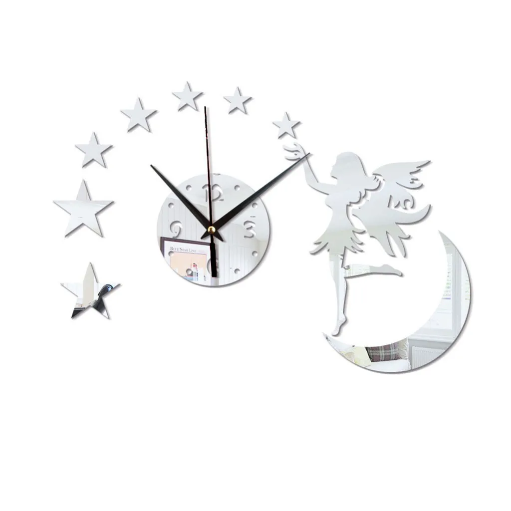Silver Moon Stars Angel Girl Art роскошный дизайн DIY Съемный 3D кристалл зеркало настенная наклейка для стены в виде часов Гостиная Спальня украшение - Цвет: Silver