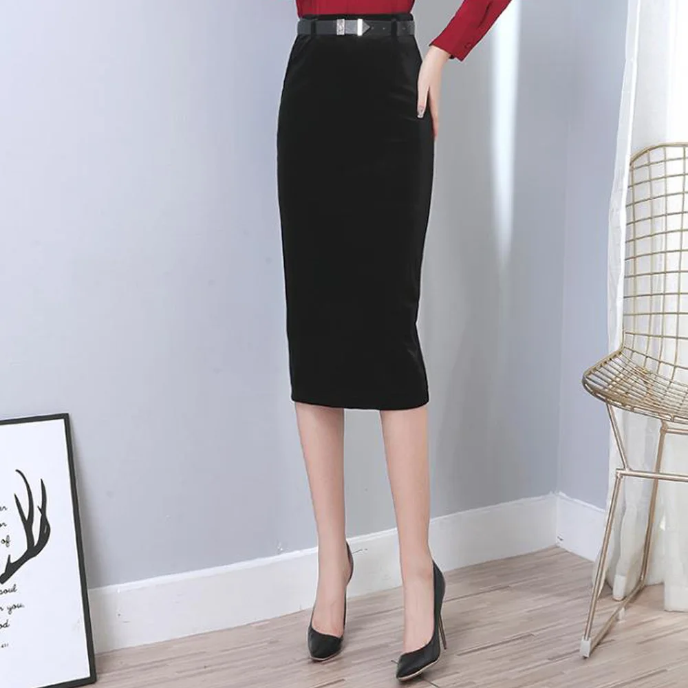 Black Skirt Зимняя длинная бархатная Женская юбка с высокой талией, облегающая юбка-карандаш, черная офисная деловая одежда, Юбки миди - Цвет: Black Skirt