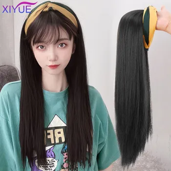 

XIYUE Long Straight/Curly U Part Wig with Hairband Clip in Hair Extension Invisible Half Head Synthetic Natural Fake Hairpiece
