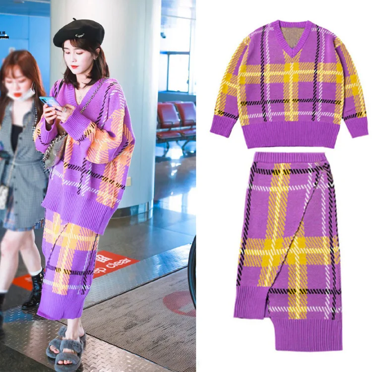 

2019 Autumn And Winter Casual Versatile Star White Hart Airport Celebrity Style Plaid Sweater Two Pieces Dress Outfit