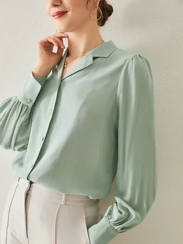 

Mint Green Color Silk Shirt Women's Long-Sleeved Spring and Autumn Shirt V-neck Business Suit Collar Silk Top Lantern Sleeve