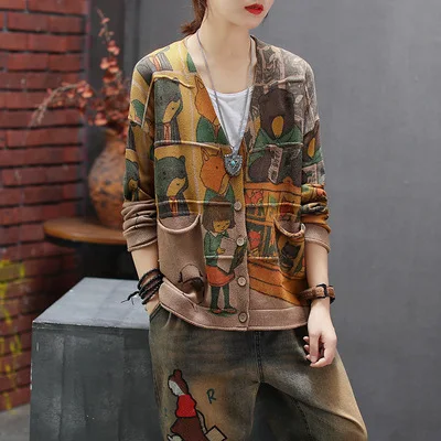 Коричневый Knitewear Mori Girls Harajuku милый костюм с рисунком героев из мультфильмов, свитер с принтом Однобортный V образным вырезом кардиган с карманами женская верхняя одежда на осень, топы - Цвет: Коричневый