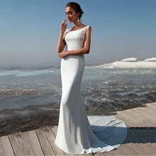 

Beach Mermaid Wedding Dresses 2021 Cap Sleeve Scoop Neck Bridal Gown For Women Sweep Train Satin Sexy Open Back With Button