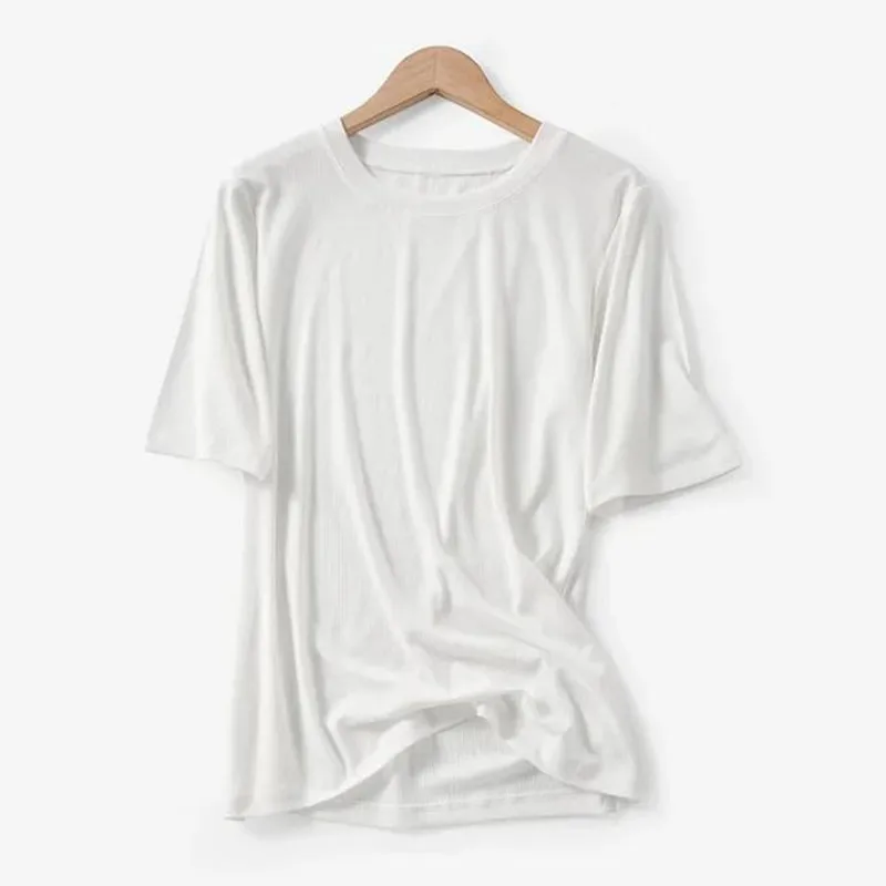 

Black and White Color Women's Knitted T-shirt Loose Simple Wild Solid Color Short Sleeve O-neck Female Casual Tops