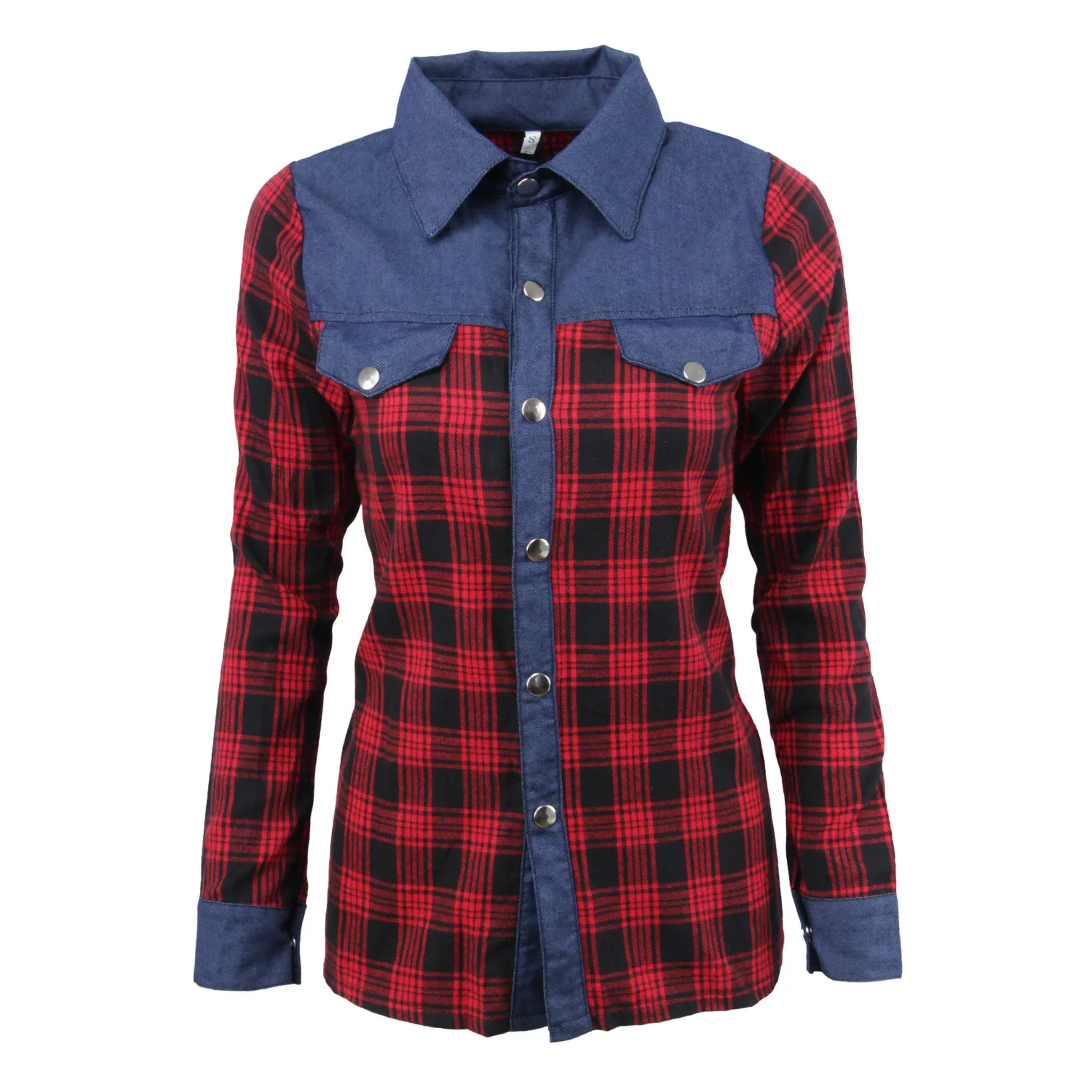 

European and American-style long-sleeve shirt Fold-down collar cowboy panel striped plaid single-breasted 2019 autumn New style