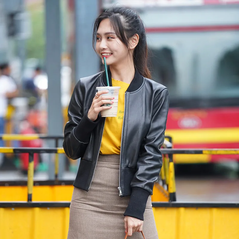 Genuine Leather Jacket Women Real Sheepskin Leather Coat Short Women's Baesball Leather Jackets Chaqueta Mujer PY-01 YY427