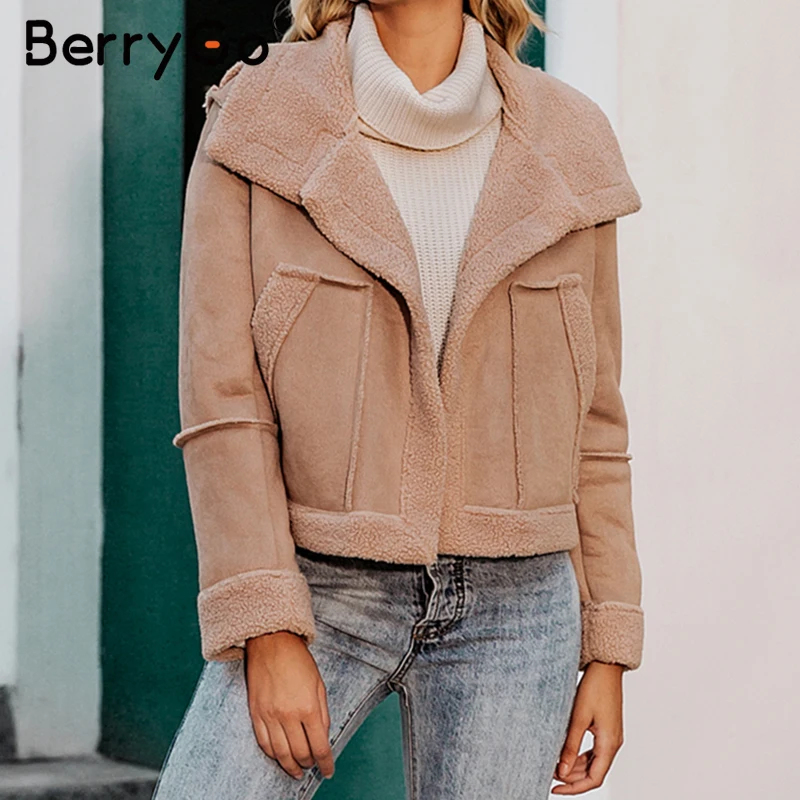 BerryGo, модное плюшевое замшевое лоскутное пальто из искусственного меха для женщин, осенне-зимняя женская теплая куртка с карманами, верхняя одежда, офисное Женское пальто
