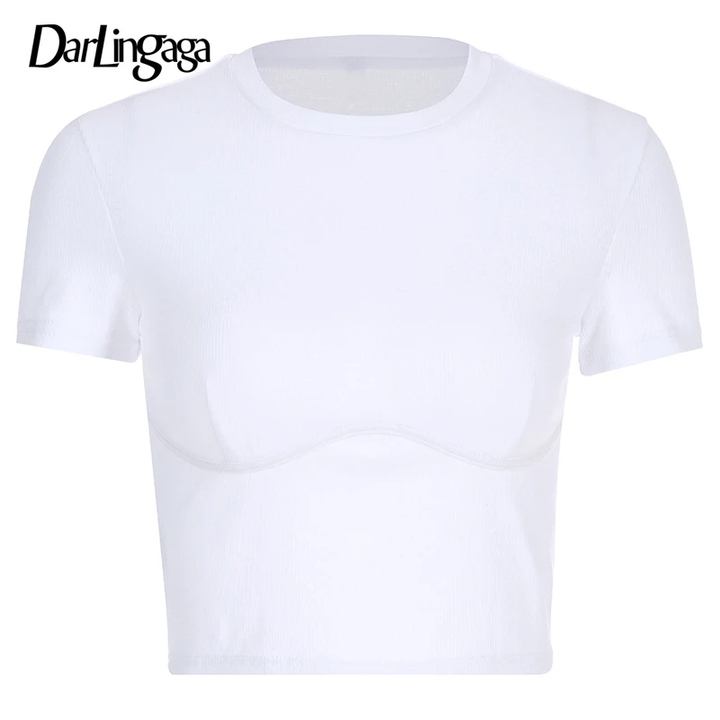 Short Sleeve White Darlingaga, осенняя белая футболка с длинным рукавом, женские топы, бодикон, одноцветная Базовая ребристая футболка, повседневный короткий топ, футболка для женщин - Цвет: Short Sleeve White