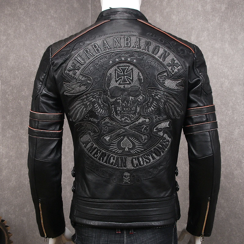 Black Vintage Black Men Skulls Embroidery Biker's Leather Jacket Plus Size XXXXL Genuine Cowhide Spring Slim Fit Leather Coat - Цвет: Black