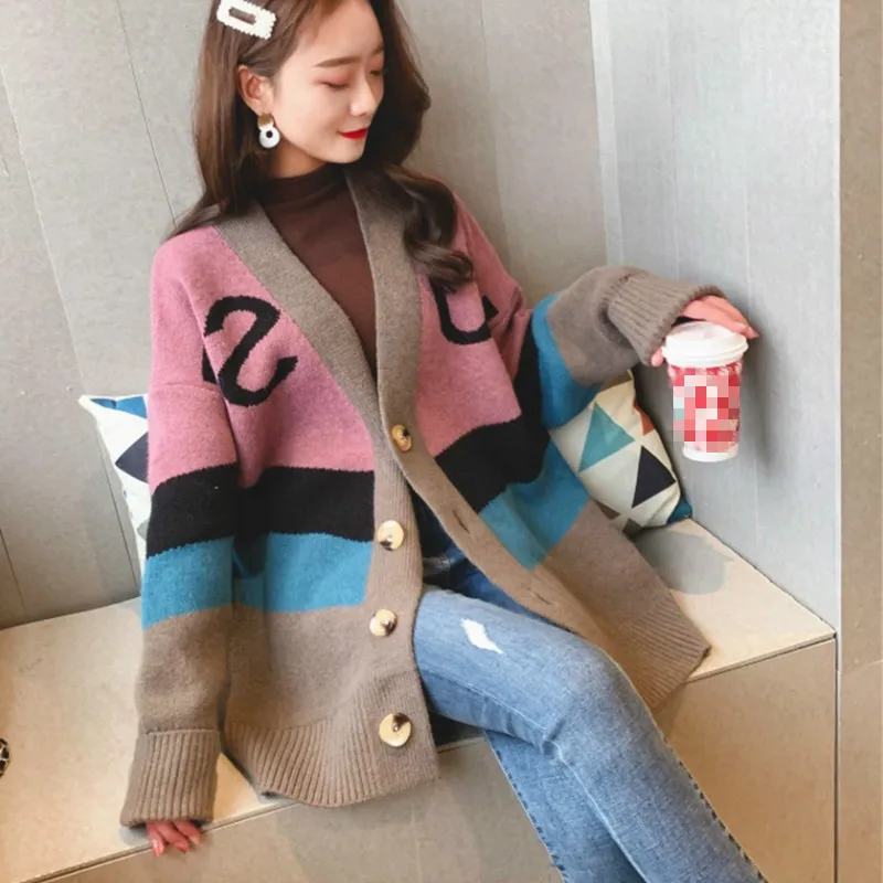 pink Neploe новости Crazy style свободные трикотажные кардиганы с v-образным вырезом контрастного цвета с буквенным принтом в стиле пэчворк с открытой строчкой милое дикое пальто 45698 - Цвет: pink