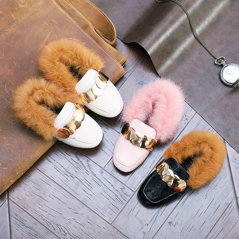 Scsech Winter Kids Rabbit Fur Thicken Warm Leather Snow Boots Children Girls Plush Warm Soft Bottom Cotton Princess Shoes SCM21