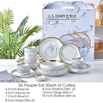 

26pcs Pink/Grey Marble Ceramic Dinnerware Set Rice Salad Noodles Bowl Soup charge Plates Dish Kitchen Tableware For Family Use