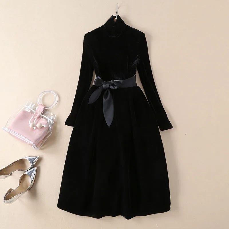 

2019 Autumn Winter New Turtleneck Collar Long Sleeve Black Patchwork Zipper Vintage Ball Gown Dress Women F968